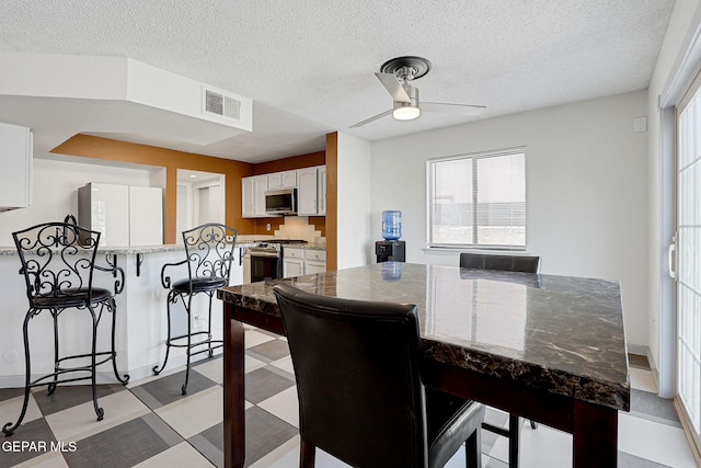dining area with ceiling fan, light floors, visible vents, and a wealth of natural light