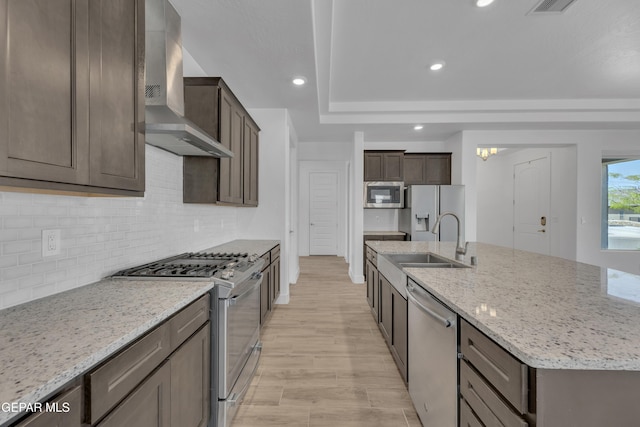 kitchen featuring an island with sink, wall chimney range hood, a sink, tasteful backsplash, and appliances with stainless steel finishes