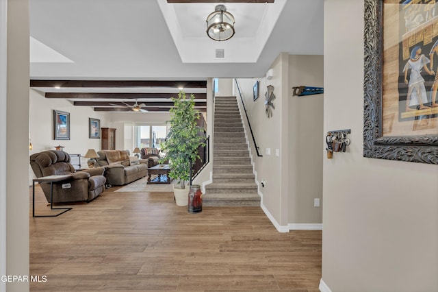 5859 Valley Palm Dr, El Paso, TX 79932 - entrance foyer featuring stairs, wood finished floors, baseboards, beamed ceiling, and ceiling fan