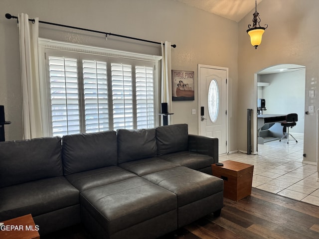 living room with wood-type flooring, arched walkways, baseboards, and a wealth of natural light