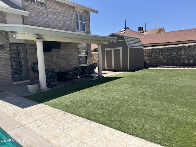 view of yard featuring outdoor lounge area, an outdoor structure, a patio area, and a storage unit