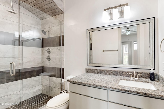 337 Vin Almoradi Ct, El Paso, TX 79912 - full bath featuring lofted ceiling, a stall shower, toilet, vanity, and a ceiling fan