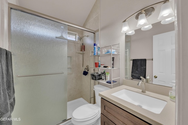 full bathroom featuring vaulted ceiling, vanity, toilet, and a stall shower