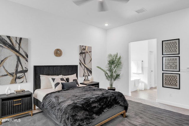 carpeted bedroom with recessed lighting, baseboards, visible vents, and ceiling fan