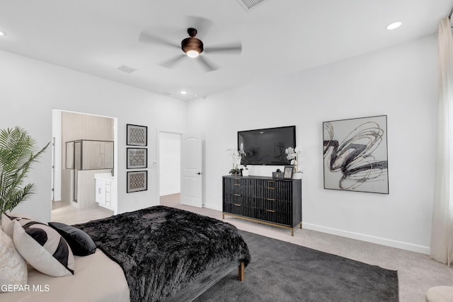 bedroom with visible vents, recessed lighting, and carpet