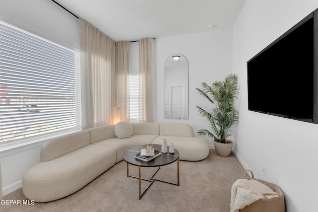 carpeted living area featuring baseboards