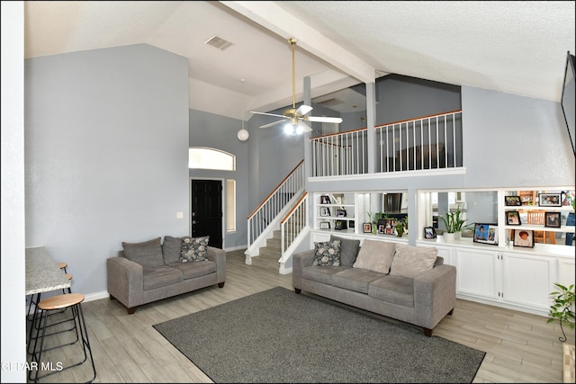 living room featuring light wood-type flooring, ceiling fan, visible vents, and high vaulted ceiling
