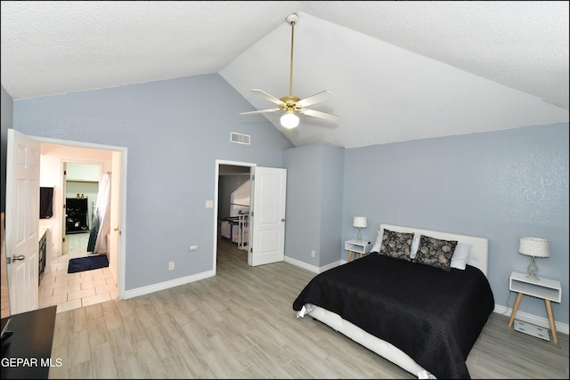 bedroom with wood finished floors, high vaulted ceiling, visible vents, ceiling fan, and baseboards