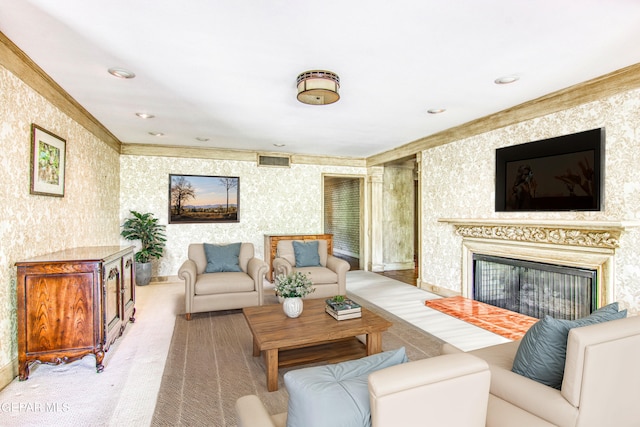 6041 Torrey Pines Dr, El Paso, TX 79912 - living room featuring visible vents, wallpapered walls, ornamental molding, and light carpet