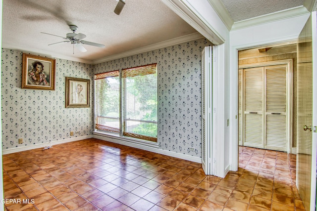 6041 Torrey Pines Dr, El Paso, TX 79912 - unfurnished room with crown molding, a textured ceiling, ceiling fan, and wallpapered walls