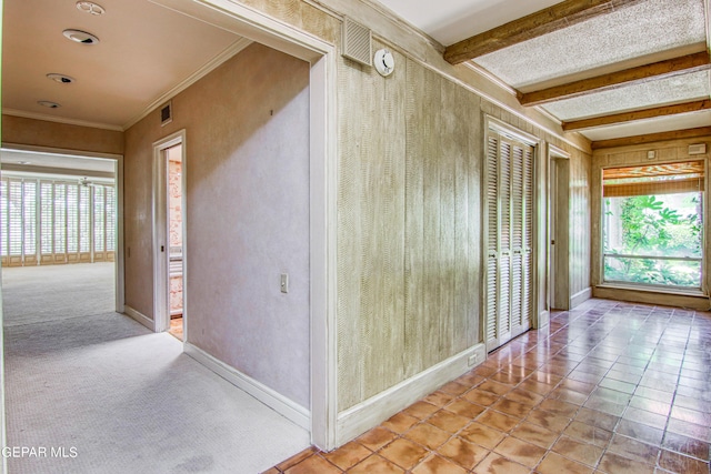 6041 Torrey Pines Dr, El Paso, TX 79912 - hall with beam ceiling, ornamental molding, and baseboards