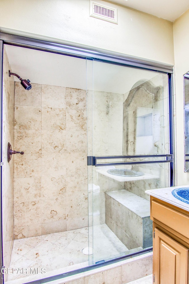 6041 Torrey Pines Dr, El Paso, TX 79912 - bathroom featuring vanity, a shower stall, and visible vents