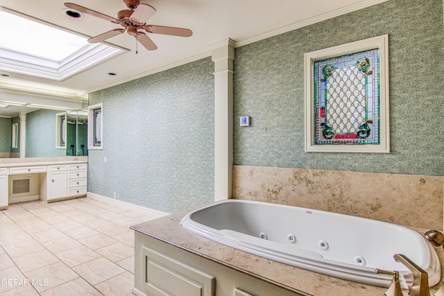 6041 Torrey Pines Dr, El Paso, TX 79912 - full bathroom featuring vanity, a ceiling fan, ornamental molding, a jetted tub, and wallpapered walls
