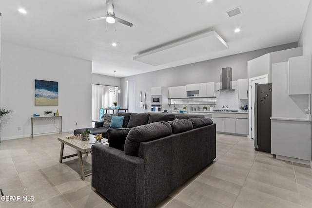 1725 Eased St, El Paso, TX 79928 - living area featuring visible vents, ceiling fan with notable chandelier, light tile patterned flooring, and recessed lighting