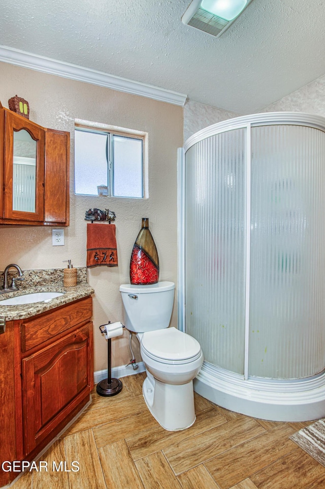 916 Mike Maros St, Fabens, TX 79838 - full bath featuring a textured ceiling, crown molding, a stall shower, toilet, and vanity