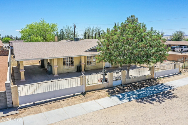 916 Mike Maros St, Fabens, TX 79838 - ranch-style home with a gate, a fenced front yard, covered porch, and roof with shingles