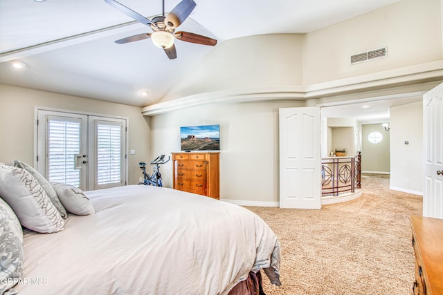 carpeted bedroom with visible vents, access to exterior, baseboards, high vaulted ceiling, and french doors