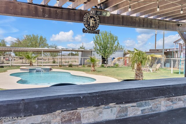 view of swimming pool with a pergola, a lawn, a pool with connected hot tub, and fence