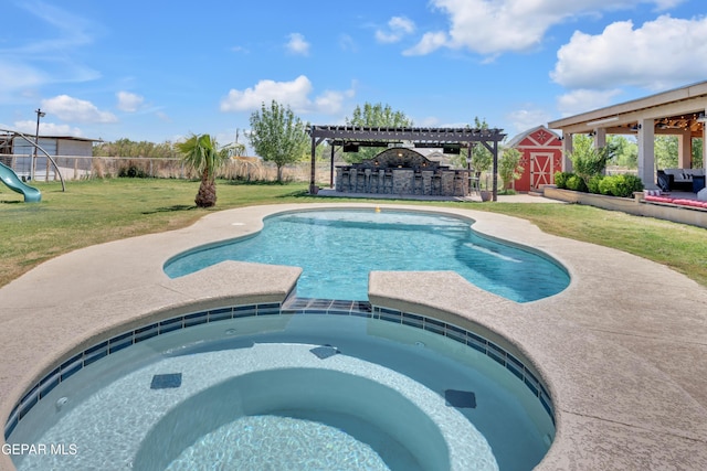 view of pool featuring an outdoor structure, a playground, a pergola, fence, and a yard