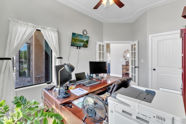 office space with a ceiling fan and french doors