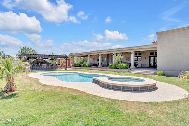 view of pool with a patio area, a pergola, a yard, a ceiling fan, and a pool with connected hot tub