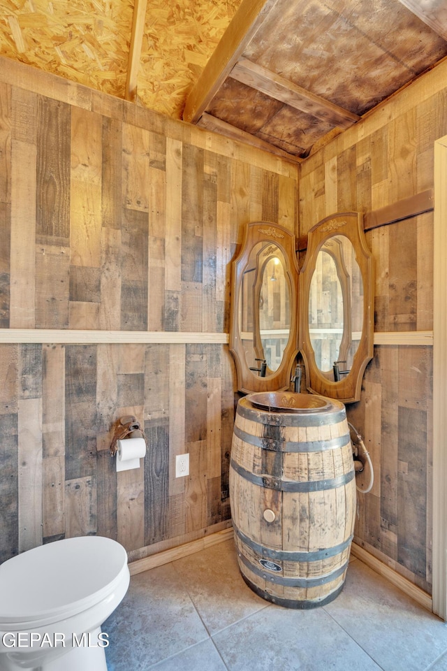 room details with wooden walls, toilet, and vanity
