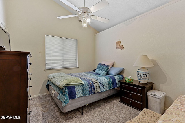 bedroom with carpet floors, a ceiling fan, and lofted ceiling