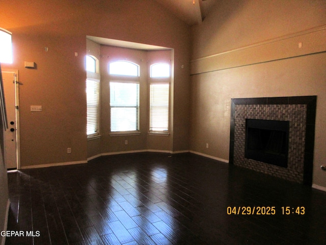 11233 Red Barrel Pl, El Paso, TX 79934 - unfurnished living room with baseboards, a fireplace, vaulted ceiling, and wood finished floors