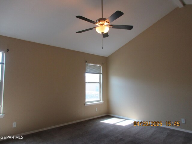 11233 Red Barrel Pl, El Paso, TX 79934 - spare room with a ceiling fan, vaulted ceiling, plenty of natural light, and dark carpet