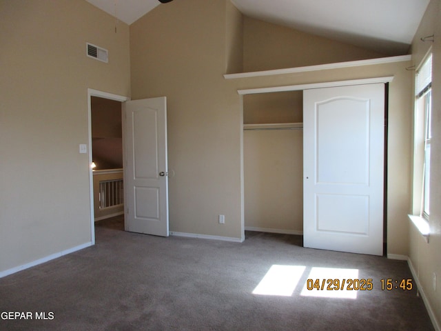 11233 Red Barrel Pl, El Paso, TX 79934 - unfurnished bedroom featuring carpet flooring, high vaulted ceiling, baseboards, visible vents, and a closet