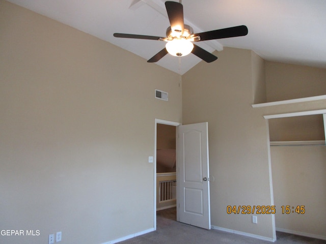11233 Red Barrel Pl, El Paso, TX 79934 - unfurnished bedroom featuring visible vents, carpet floors, a closet, baseboards, and high vaulted ceiling