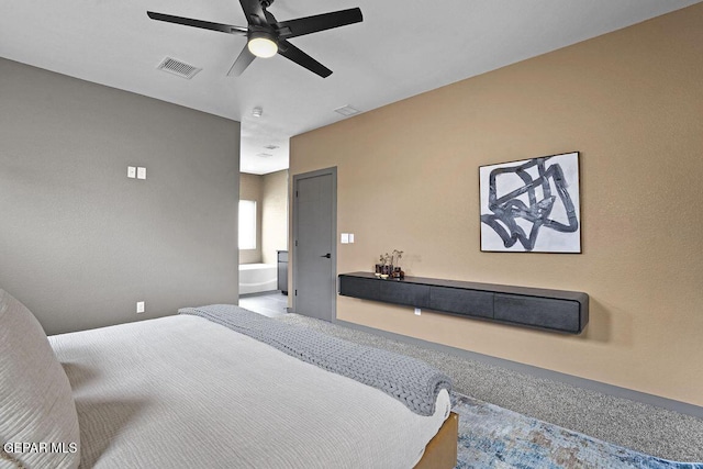 carpeted bedroom featuring visible vents and ceiling fan