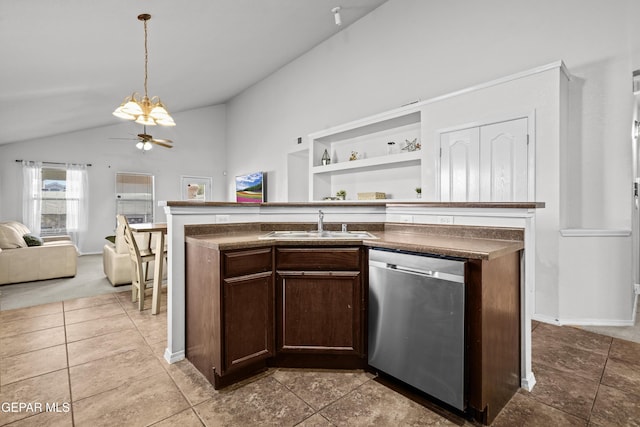 kitchen with stainless steel dishwasher, a sink, open floor plan, dark brown cabinetry, and lofted ceiling