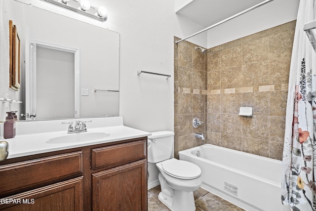 bathroom with toilet, shower / bathtub combination with curtain, and vanity