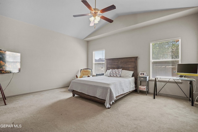 bedroom with a ceiling fan, baseboards, carpet, and vaulted ceiling