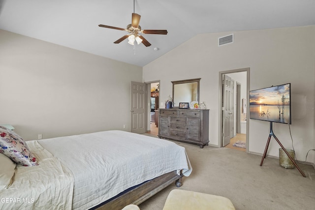 bedroom with baseboards, ceiling fan, visible vents, high vaulted ceiling, and light carpet