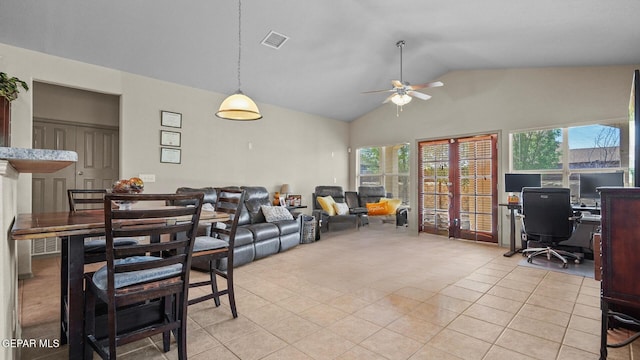 living room featuring french doors, high vaulted ceiling, visible vents, a ceiling fan, and light tile patterned floors