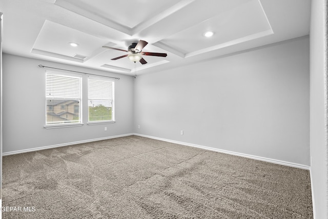 7337 Autumn Sage Dr, El Paso, TX 79911 - spare room with coffered ceiling, ceiling fan, carpet flooring, beamed ceiling, and recessed lighting
