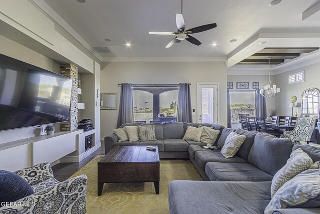 668 Darlington, El Paso, TX 79928 - living area with wood finished floors, ceiling fan with notable chandelier, visible vents, and recessed lighting