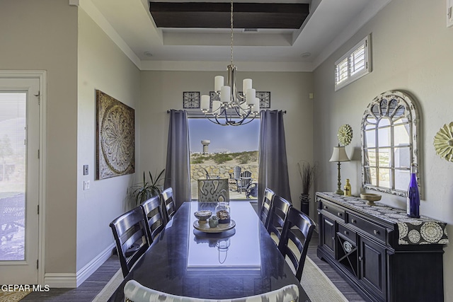 668 Darlington, El Paso, TX 79928 - dining space featuring a tray ceiling, a notable chandelier, baseboards, and dark wood finished floors