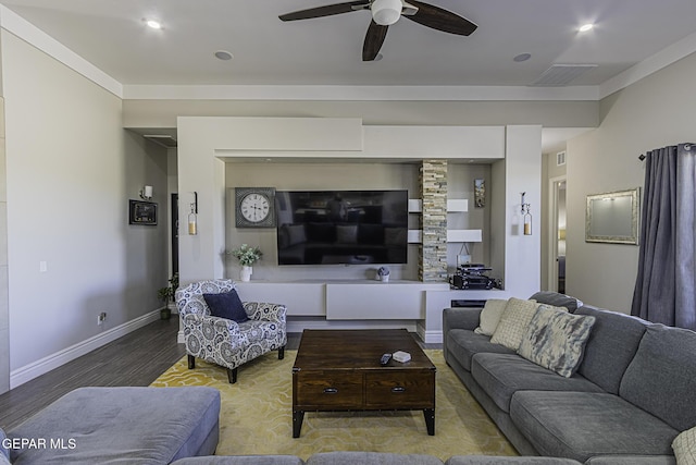 668 Darlington, El Paso, TX 79928 - living area with baseboards, ornamental molding, visible vents, ceiling fan, and wood finished floors
