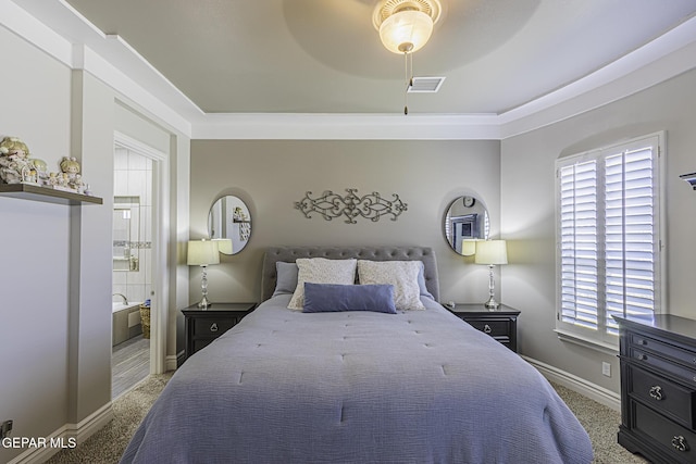 668 Darlington, El Paso, TX 79928 - carpeted bedroom with baseboards, ceiling fan, ensuite bathroom, and visible vents