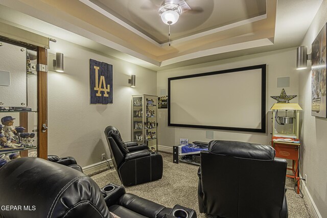668 Darlington, El Paso, TX 79928 - carpeted home theater room featuring baseboards, a raised ceiling, and ceiling fan
