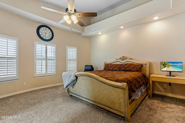 carpeted bedroom with baseboards, recessed lighting, and ceiling fan