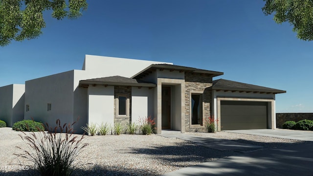 prairie-style home featuring an attached garage, driveway, stone siding, and stucco siding