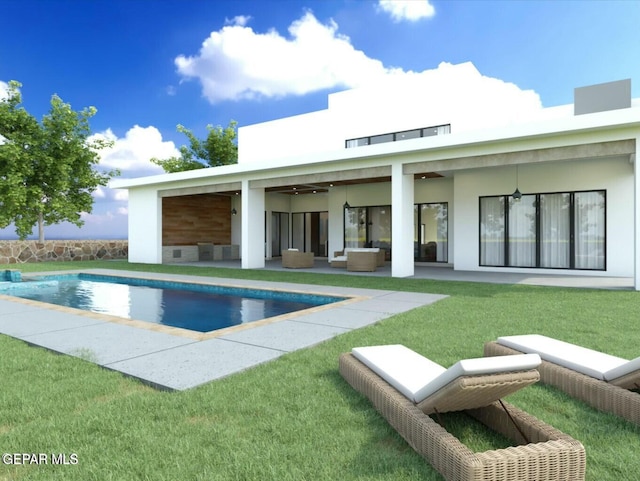 back of house with a patio, an outdoor living space, stucco siding, and an outdoor pool