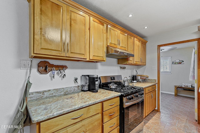 316 Garden Grove Ln, El Paso, TX 79912 - kitchen featuring stainless steel range with gas cooktop, light stone counters, recessed lighting, and under cabinet range hood