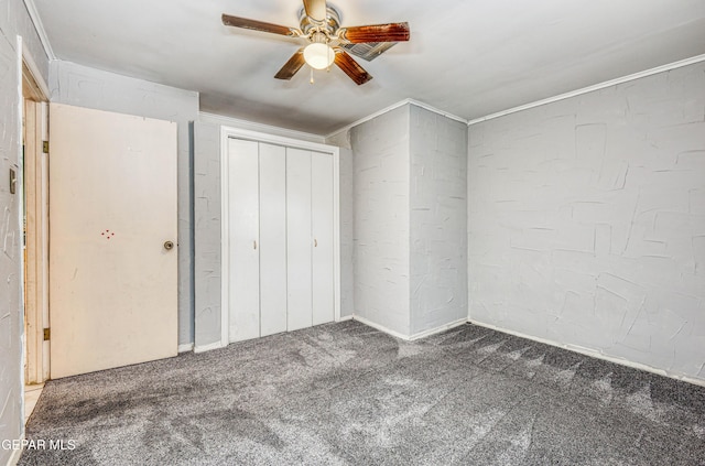 11144 Perlette St, Socorro, TX 79927 - unfurnished bedroom with carpet, ceiling fan, crown molding, and a closet