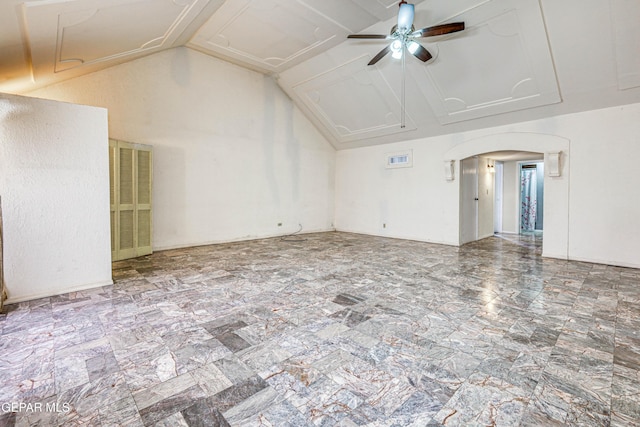11144 Perlette St, Socorro, TX 79927 - interior space featuring arched walkways, ceiling fan, and high vaulted ceiling