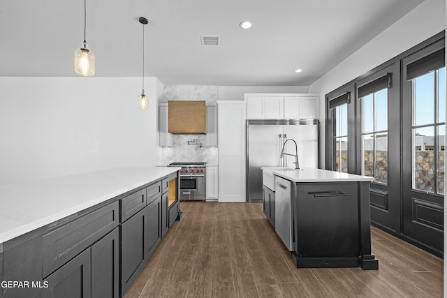 kitchen with decorative backsplash, visible vents, decorative light fixtures, high quality appliances, and light countertops